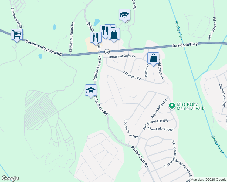 map of restaurants, bars, coffee shops, grocery stores, and more near 1442 Coffeetree Drive Northwest in Concord