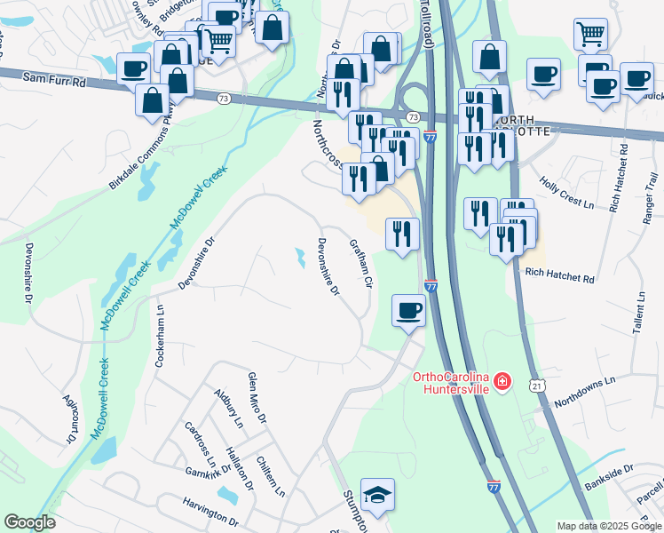 map of restaurants, bars, coffee shops, grocery stores, and more near 10025 Devonshire Drive in Huntersville