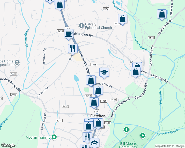 map of restaurants, bars, coffee shops, grocery stores, and more near 6 Pearson Avenue in Fletcher