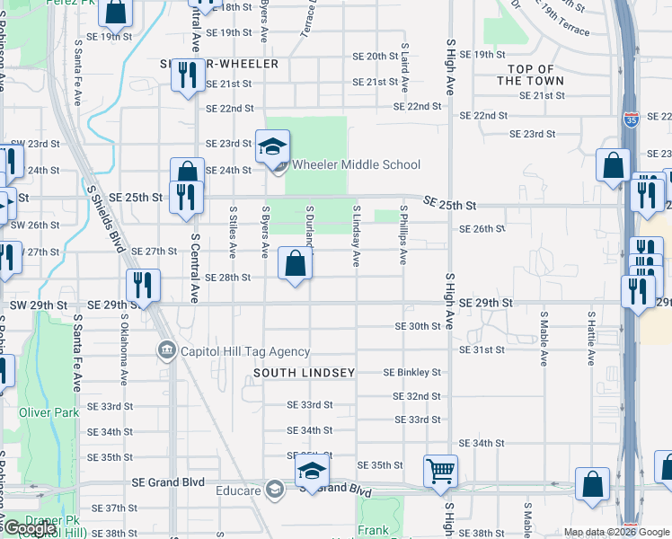 map of restaurants, bars, coffee shops, grocery stores, and more near 628 Southeast 28th Street in Oklahoma City