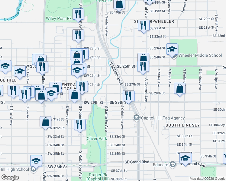map of restaurants, bars, coffee shops, grocery stores, and more near 10 Southeast 28th Street in Oklahoma City