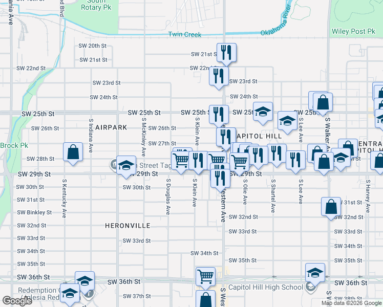 map of restaurants, bars, coffee shops, grocery stores, and more near 1012 Southwest 28th Street in Oklahoma City