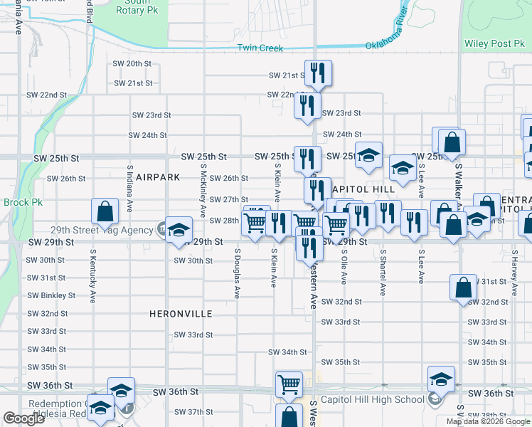 map of restaurants, bars, coffee shops, grocery stores, and more near 1012 Southwest 28th Street in Oklahoma City