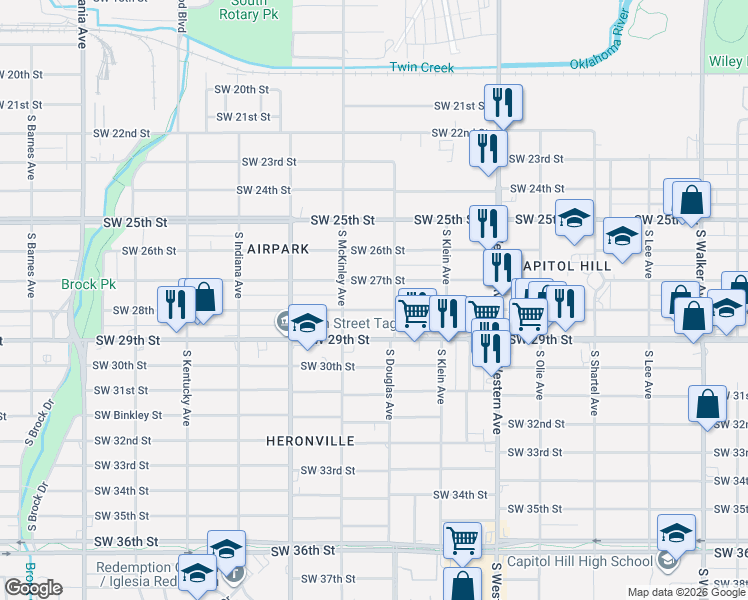 map of restaurants, bars, coffee shops, grocery stores, and more near 1128 Southwest 28th Street in Oklahoma City