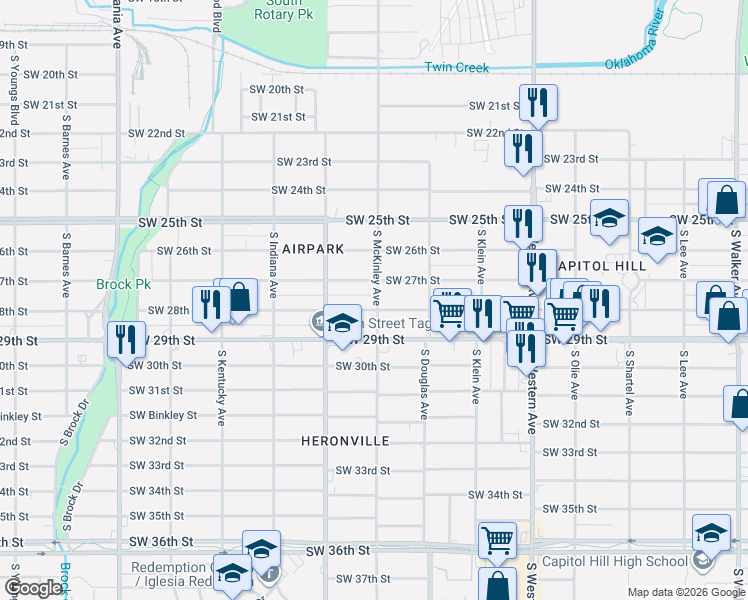 map of restaurants, bars, coffee shops, grocery stores, and more near 1212 Southwest 28th Street in Oklahoma City