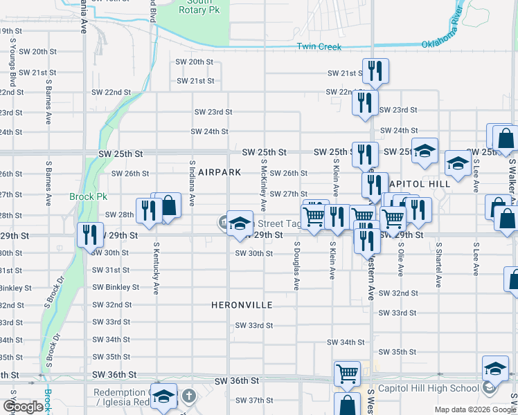 map of restaurants, bars, coffee shops, grocery stores, and more near 1212 Southwest 28th Street in Oklahoma City