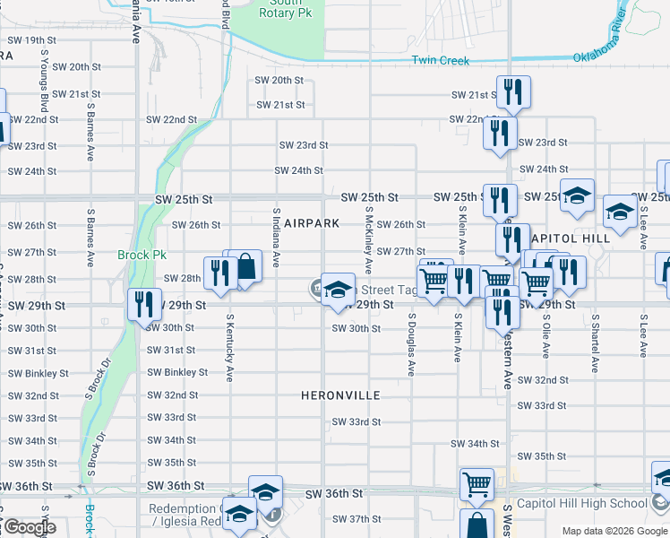 map of restaurants, bars, coffee shops, grocery stores, and more near 1244 Southwest 28th Street in Oklahoma City