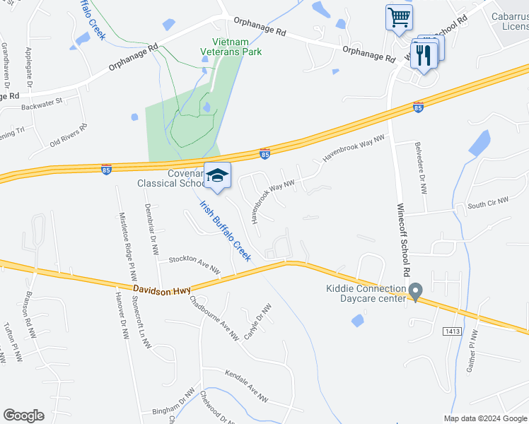 map of restaurants, bars, coffee shops, grocery stores, and more near 1381 Zered Place Northwest in Concord