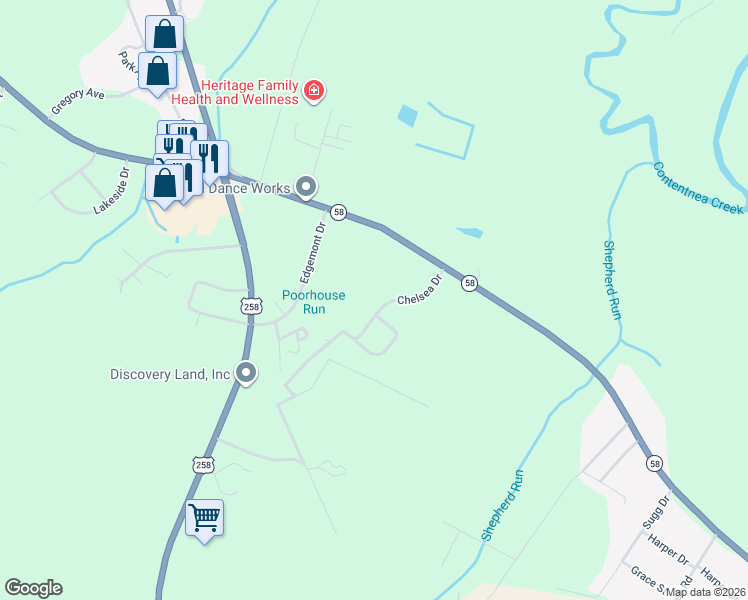 map of restaurants, bars, coffee shops, grocery stores, and more near Connie Circle in Snow Hill