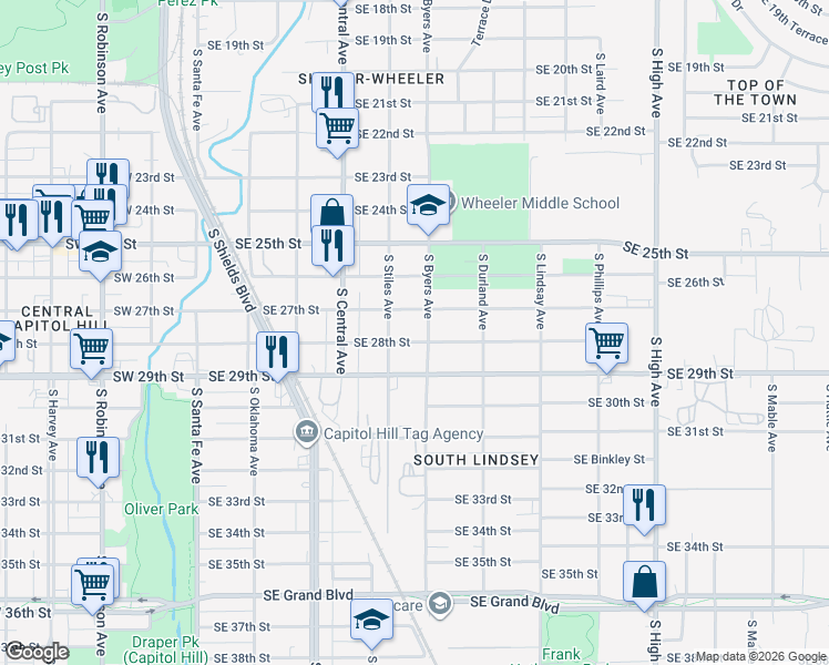 map of restaurants, bars, coffee shops, grocery stores, and more near 412 Southeast 28th Street in Oklahoma City