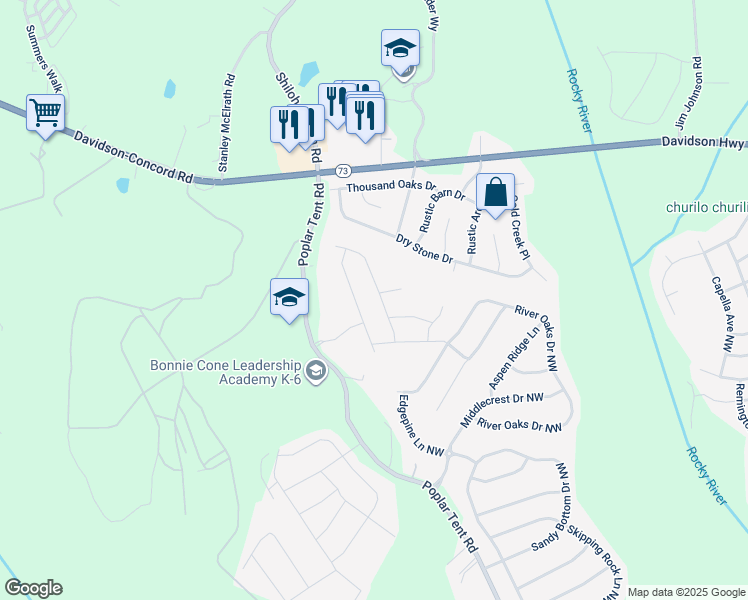 map of restaurants, bars, coffee shops, grocery stores, and more near 1459 Briarfield Drive Northwest in Concord