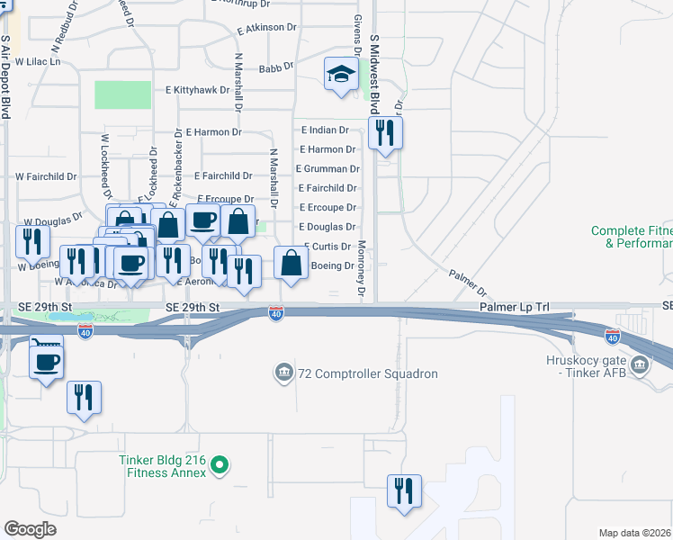 map of restaurants, bars, coffee shops, grocery stores, and more near 7523 Southeast 29th Street in Midwest City