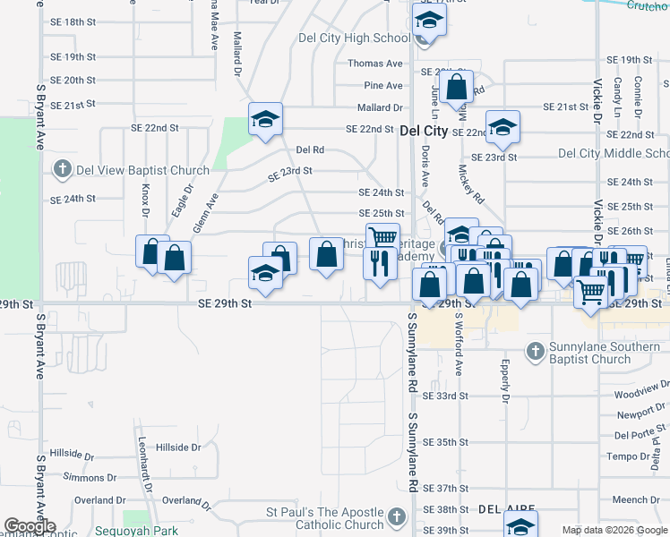map of restaurants, bars, coffee shops, grocery stores, and more near 4019 Southeast 29th Street in Del City