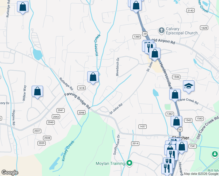 map of restaurants, bars, coffee shops, grocery stores, and more near 24 Wineberry Court in Fletcher