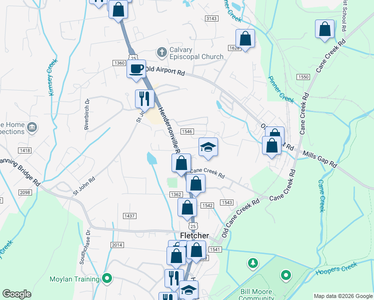 map of restaurants, bars, coffee shops, grocery stores, and more near 6 Pearson Avenue in Fletcher