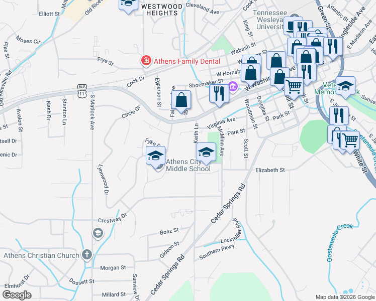 map of restaurants, bars, coffee shops, grocery stores, and more near 120 Keith Lane in Athens