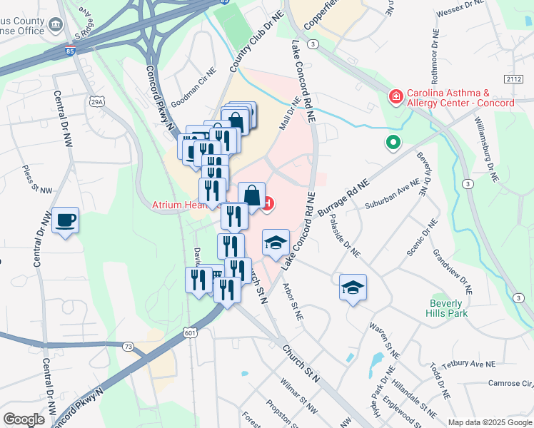 map of restaurants, bars, coffee shops, grocery stores, and more near 920 Church Street North in Concord