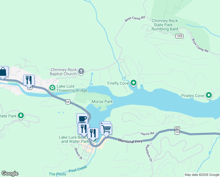 map of restaurants, bars, coffee shops, grocery stores, and more near 167 Sheridan Lane in Lake Lure