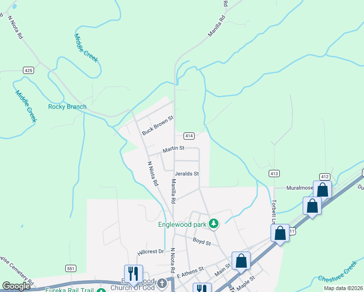 map of restaurants, bars, coffee shops, grocery stores, and more near 424 Manilla Road in Englewood