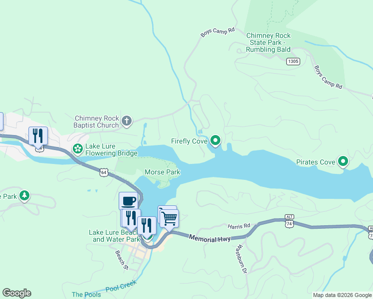 map of restaurants, bars, coffee shops, grocery stores, and more near 167 Sheridan Lane in Lake Lure