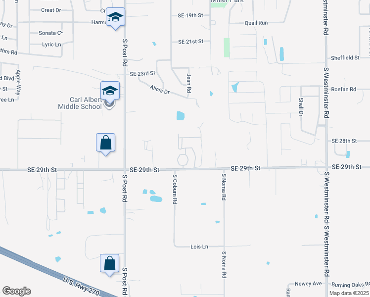 map of restaurants, bars, coffee shops, grocery stores, and more near 104 Gayle Drive in Midwest City