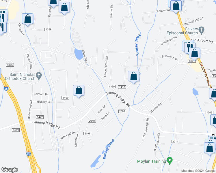 map of restaurants, bars, coffee shops, grocery stores, and more near 31 Rutledge Road in Fletcher