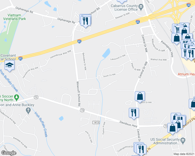 map of restaurants, bars, coffee shops, grocery stores, and more near 1200 Water Valley Court Northwest in Concord