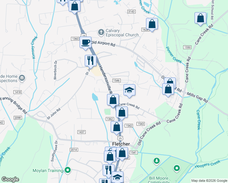 map of restaurants, bars, coffee shops, grocery stores, and more near 4 Pearson Avenue in Fletcher
