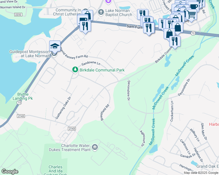 map of restaurants, bars, coffee shops, grocery stores, and more near 15803 Cordelia Oaks Lane in Huntersville