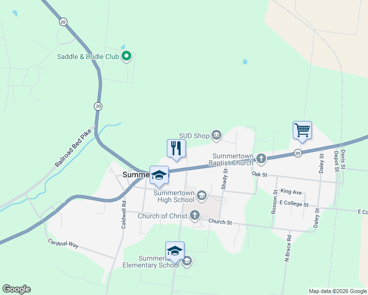 map of restaurants, bars, coffee shops, grocery stores, and more near 123 Tennessee 20 in Summertown