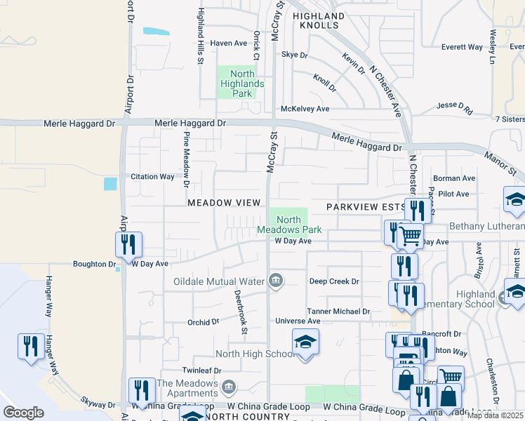 map of restaurants, bars, coffee shops, grocery stores, and more near 509 Sunset Meadow Lane in Bakersfield