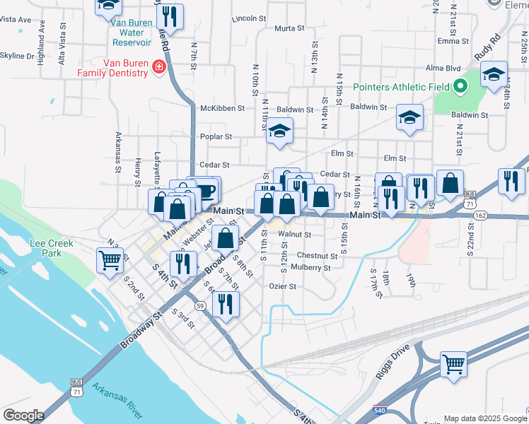 map of restaurants, bars, coffee shops, grocery stores, and more near in Van Buren