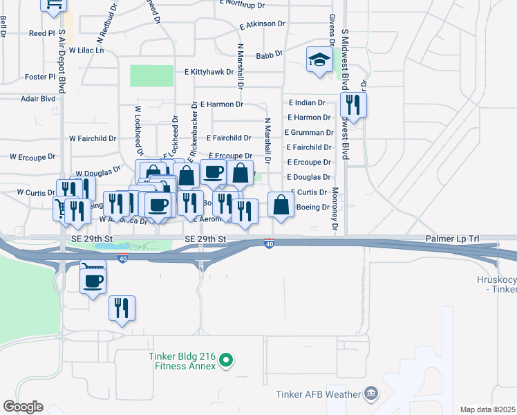 map of restaurants, bars, coffee shops, grocery stores, and more near 7401 Southeast 29th Street in Midwest City
