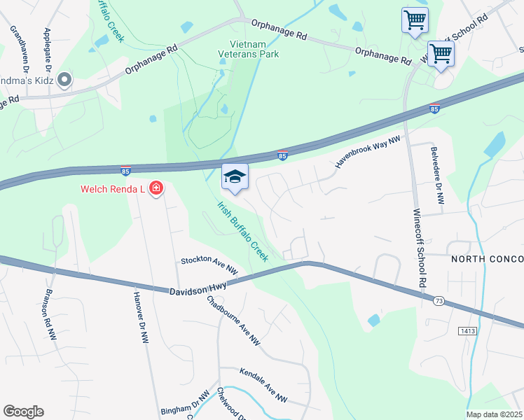 map of restaurants, bars, coffee shops, grocery stores, and more near 1566 Kindred Circle Northwest in Concord