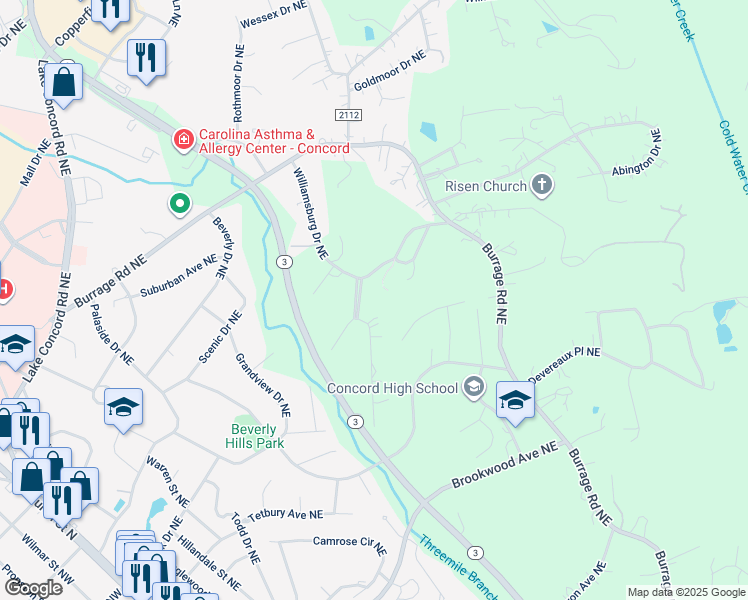 map of restaurants, bars, coffee shops, grocery stores, and more near 348 Northgate Boulevard Northeast in Concord