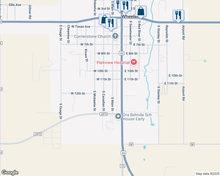map of restaurants, bars, coffee shops, grocery stores, and more near 1100-1138 South Main Street in Wheeler