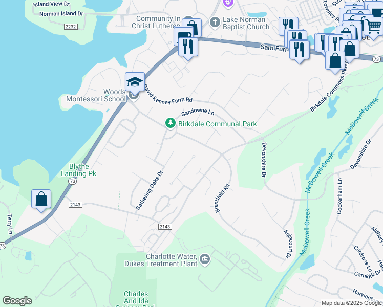 map of restaurants, bars, coffee shops, grocery stores, and more near 8410 Brentfield Road in Huntersville