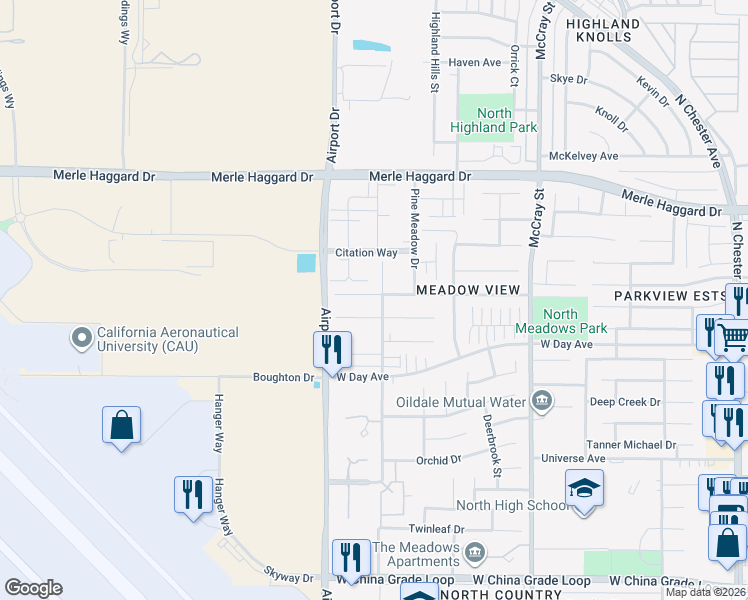 map of restaurants, bars, coffee shops, grocery stores, and more near 3429 Park Meadows Drive in Bakersfield