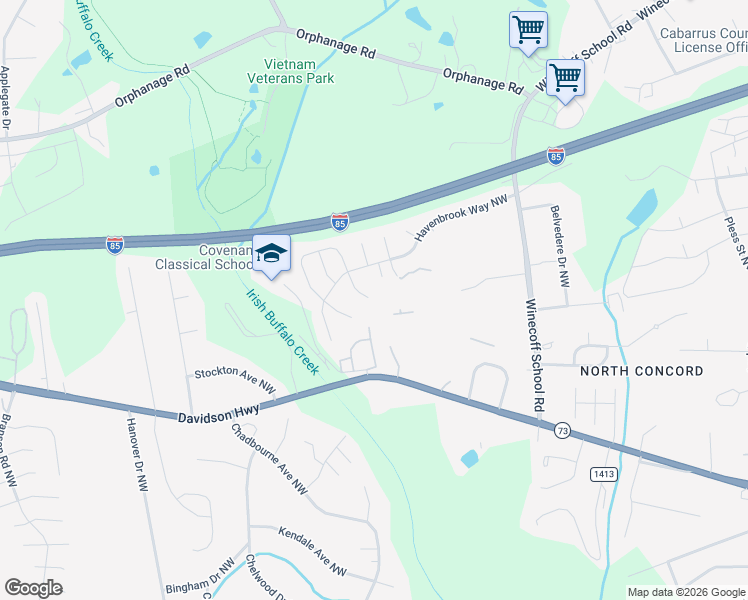 map of restaurants, bars, coffee shops, grocery stores, and more near 469 Havenbrook Way Northwest in Concord