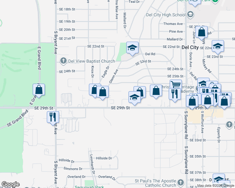 map of restaurants, bars, coffee shops, grocery stores, and more near 3637 Southeast 27th Street in Del City