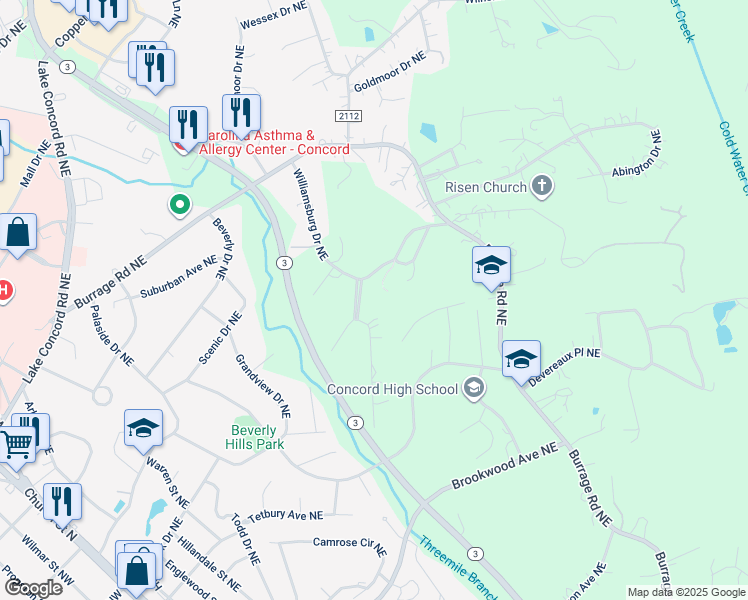 map of restaurants, bars, coffee shops, grocery stores, and more near 348 Northgate Boulevard Northeast in Concord