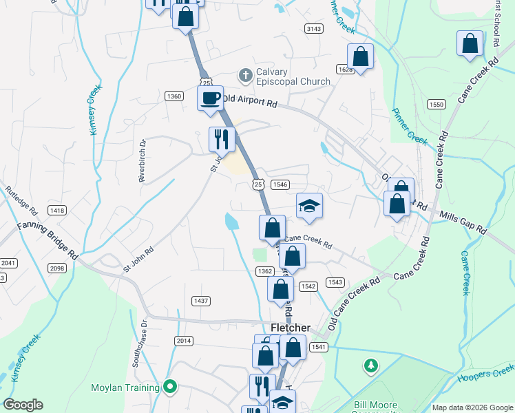 map of restaurants, bars, coffee shops, grocery stores, and more near 25 Overton Place in Fletcher