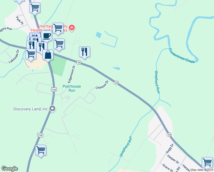 map of restaurants, bars, coffee shops, grocery stores, and more near 105 Chelsea Drive in Snow Hill