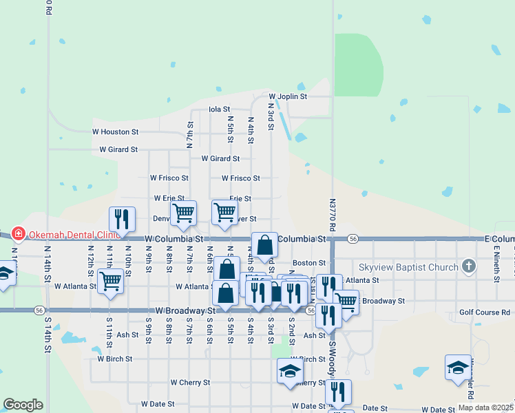 map of restaurants, bars, coffee shops, grocery stores, and more near 602 North 4th Street in Okemah