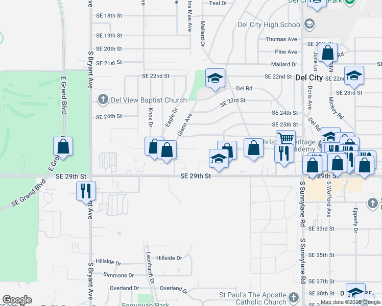 map of restaurants, bars, coffee shops, grocery stores, and more near 3637 Southeast 27th Street in Del City