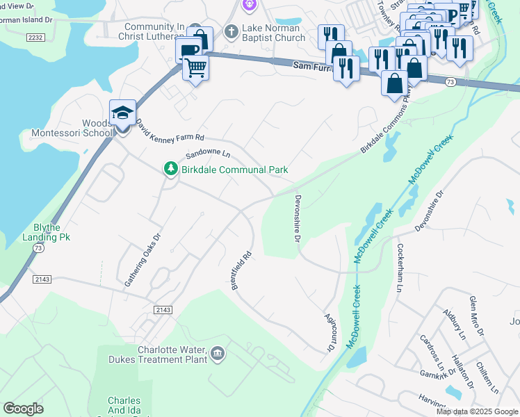 map of restaurants, bars, coffee shops, grocery stores, and more near 15805 Cordelia Oaks Lane in Huntersville