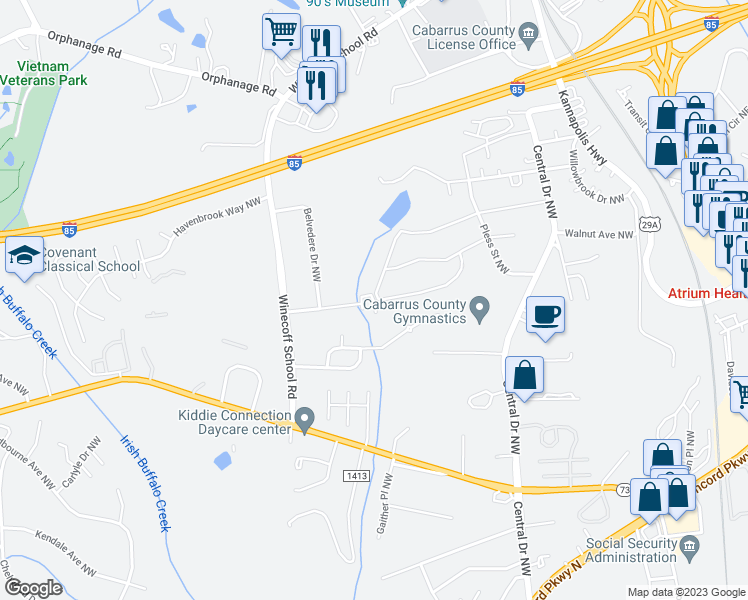 map of restaurants, bars, coffee shops, grocery stores, and more near 5122 Stillwater Court Northwest in Concord