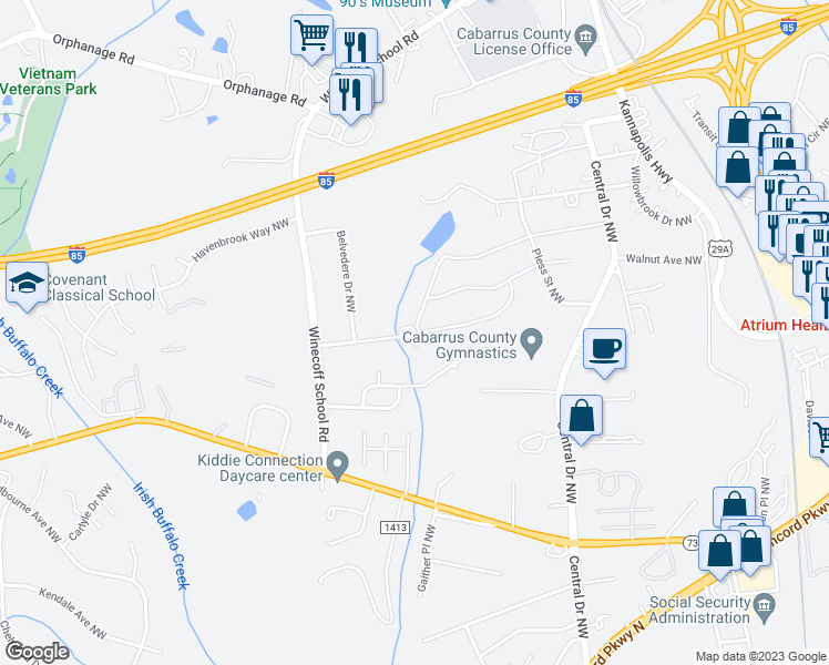 map of restaurants, bars, coffee shops, grocery stores, and more near 5102 Stillwater Court Northwest in Concord