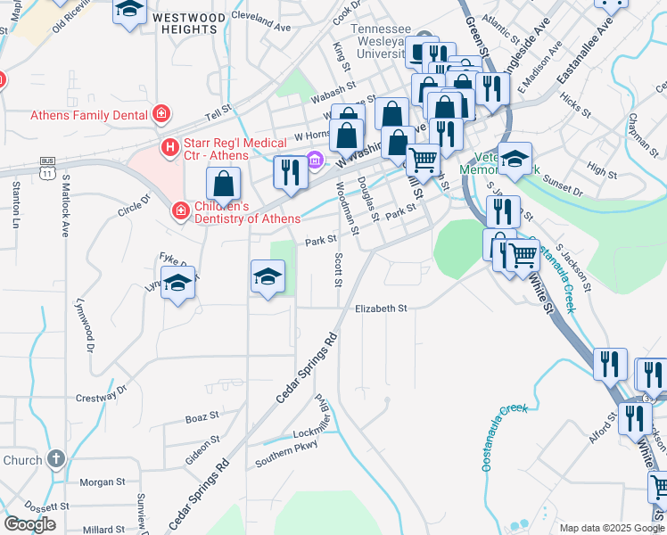 map of restaurants, bars, coffee shops, grocery stores, and more near 311 Scott Street in Athens