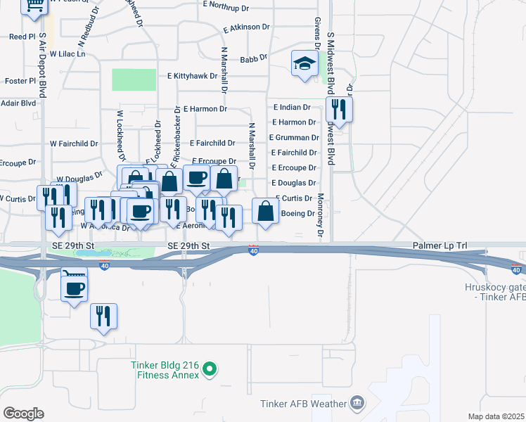 map of restaurants, bars, coffee shops, grocery stores, and more near 502 East Curtis Drive in Midwest City